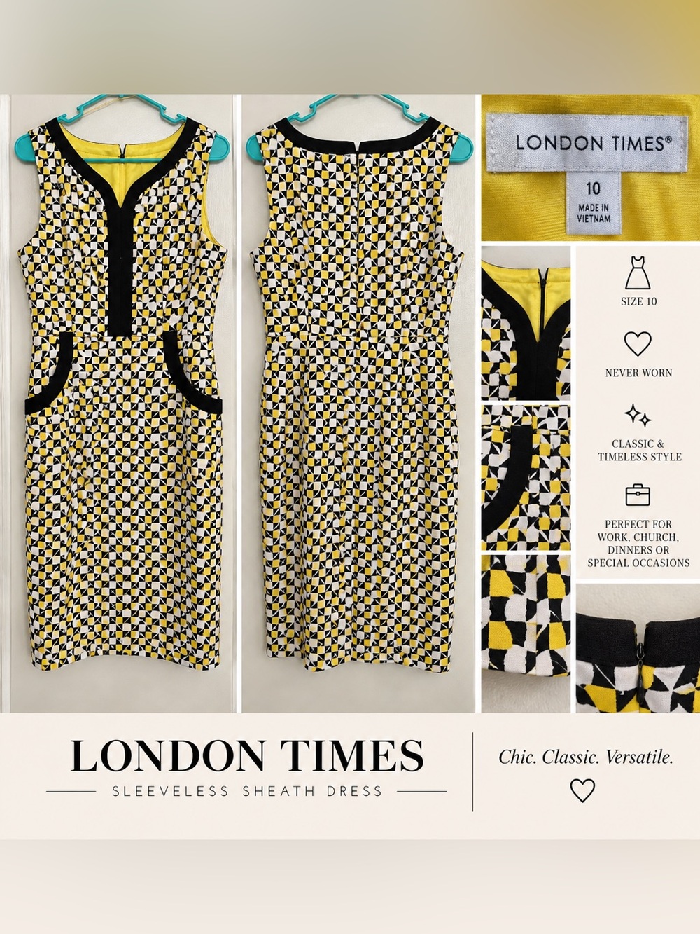 London Times Yellow and Black Geometric Sleeveless Sheath Dress